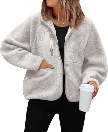 Générique Women's Fleece Jacket Thick Winter Coat Teddy Buttons Chic Warm Sherpa Jacket with Pockets Lapel Collar Long Sleeve Outwear Thick Anti-Cold Cozy — 13