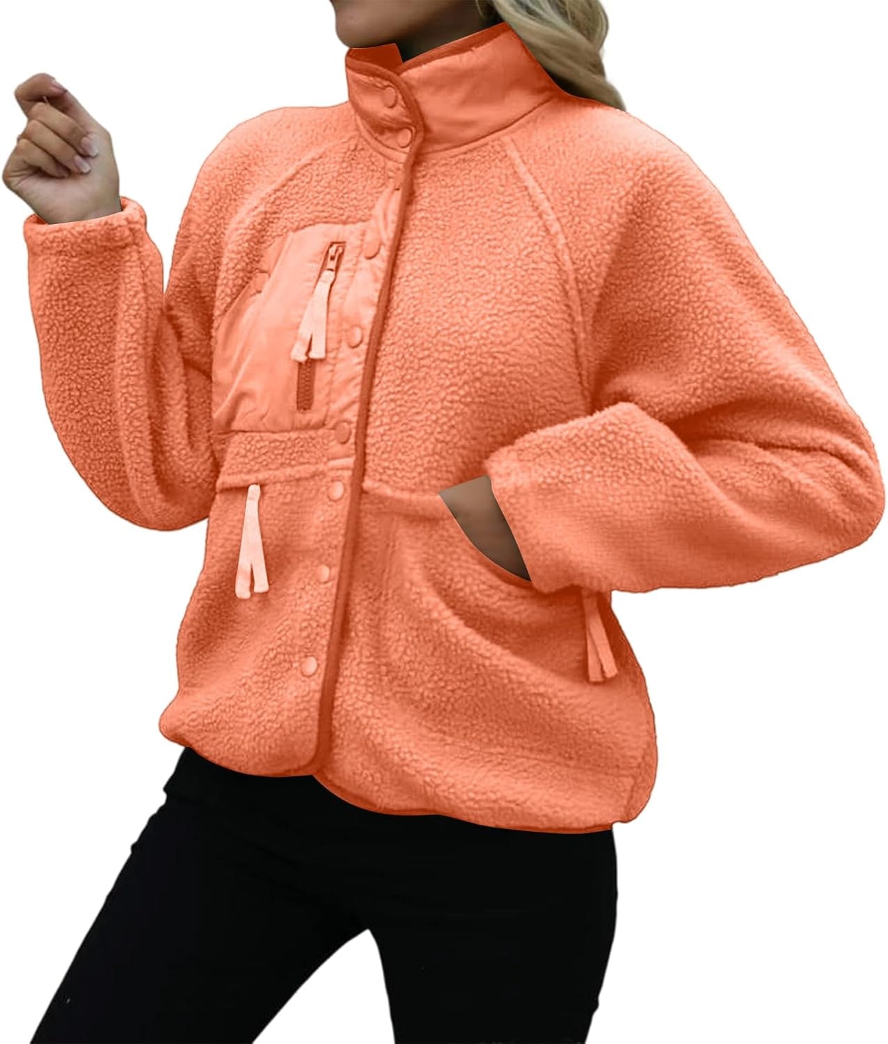 Générique Women's Fleece Jacket Thick Winter Coat Teddy Buttons Chic Warm Sherpa Jacket with Pockets Lapel Collar Long Sleeve Outwear Thick Anti-Cold Cozy — 4