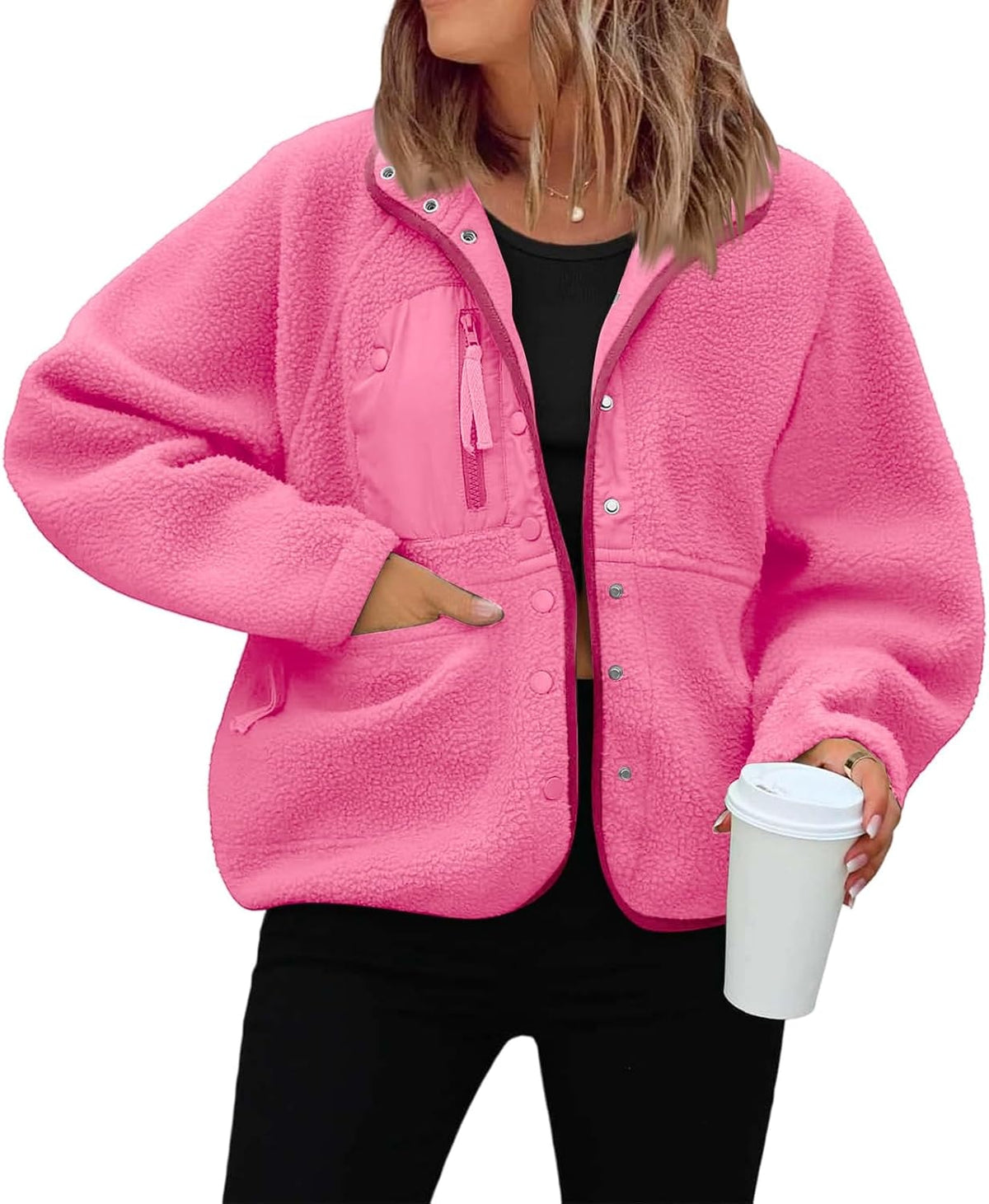 Générique Women's Fleece Jacket Thick Winter Coat Teddy Buttons Chic Warm Sherpa Jacket with Pockets Lapel Collar Long Sleeve Outwear Thick Anti-Cold Cozy — 10