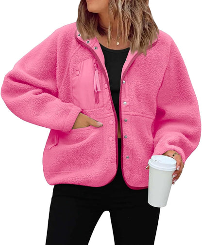 Générique Women's Fleece Jacket Thick Winter Coat Teddy Buttons Chic Warm Sherpa Jacket with Pockets Lapel Collar Long Sleeve Outwear Thick Anti-Cold Cozy — 10