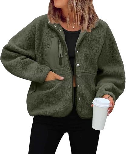 Générique Women's Fleece Jacket Thick Winter Coat Teddy Buttons Chic Warm Sherpa Jacket with Pockets Lapel Collar Long Sleeve Outwear Thick Anti-Cold Cozy — 9