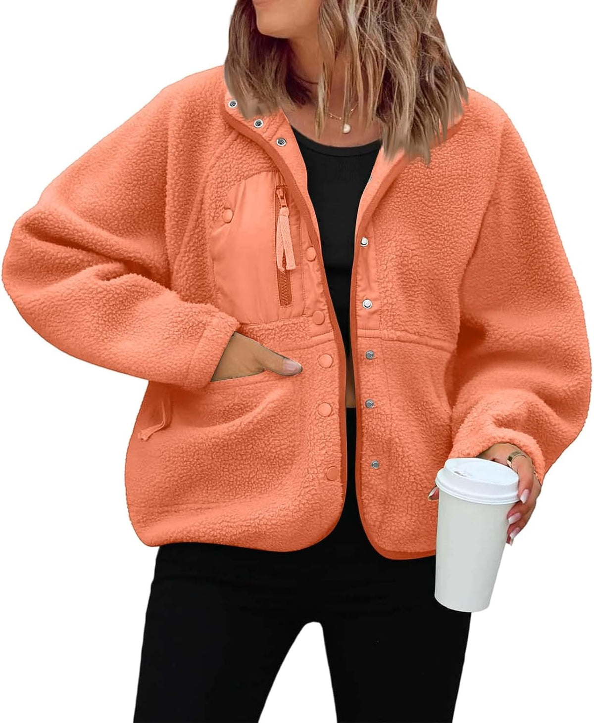 Générique Women's Fleece Jacket Thick Winter Coat Teddy Buttons Chic Warm Sherpa Jacket with Pockets Lapel Collar Long Sleeve Outwear Thick Anti-Cold Cozy — 19