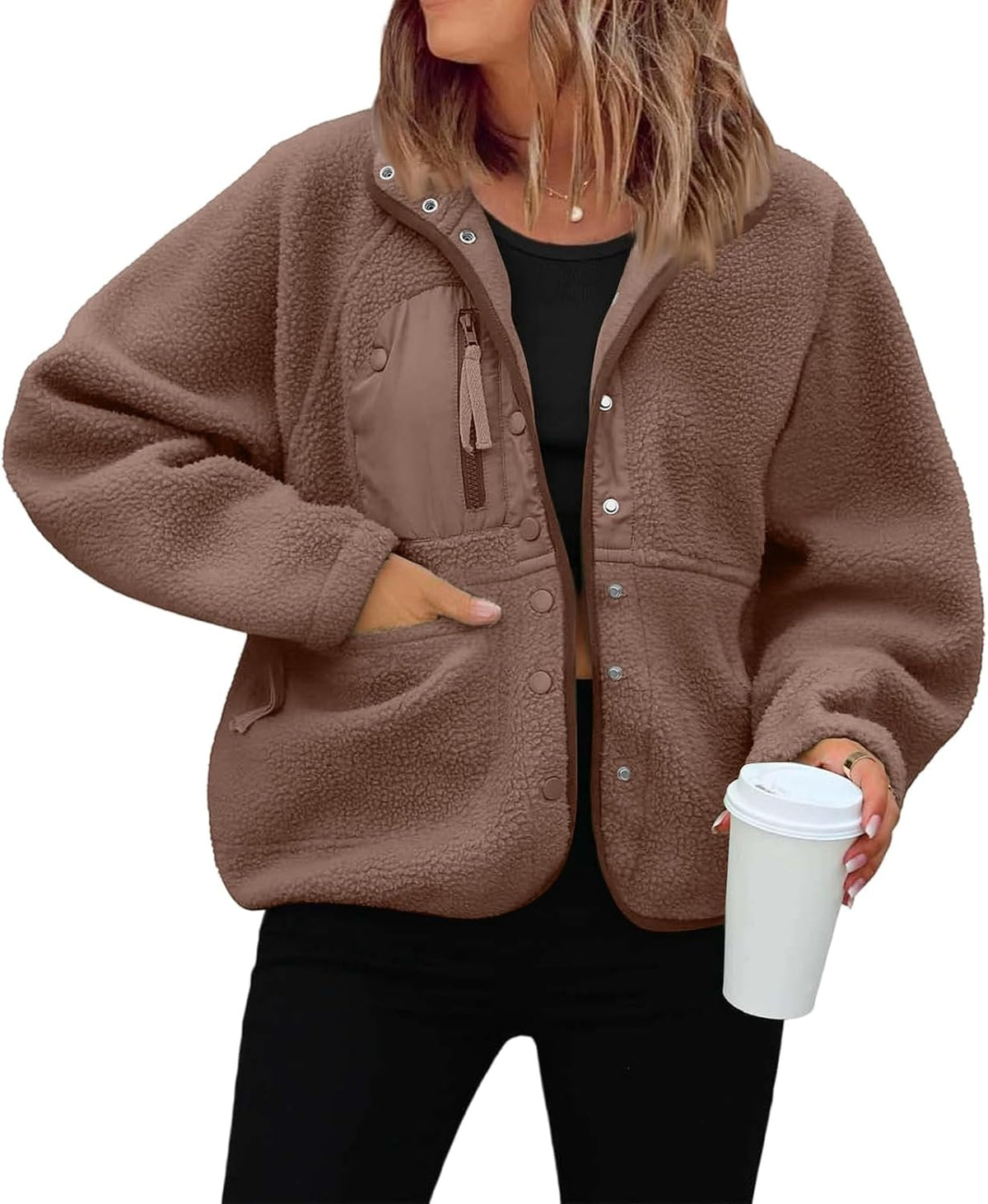Générique Women's Fleece Jacket Thick Winter Coat Teddy Buttons Chic Warm Sherpa Jacket with Pockets Lapel Collar Long Sleeve Outwear Thick Anti-Cold Cozy — 7