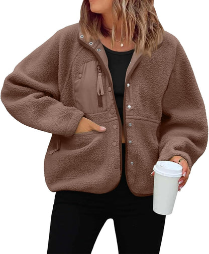 Générique Women's Fleece Jacket Thick Winter Coat Teddy Buttons Chic Warm Sherpa Jacket with Pockets Lapel Collar Long Sleeve Outwear Thick Anti-Cold Cozy — 7