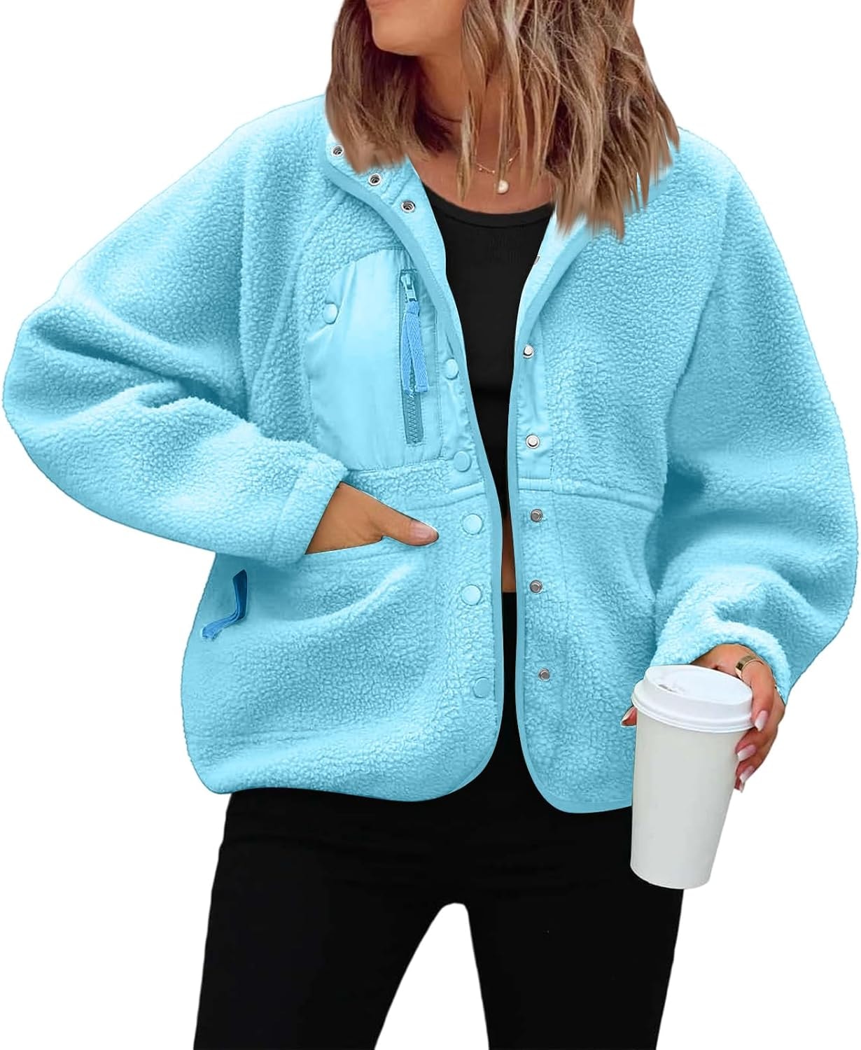 Générique Women's Fleece Jacket Thick Winter Coat Teddy Buttons Chic Warm Sherpa Jacket with Pockets Lapel Collar Long Sleeve Outwear Thick Anti-Cold Cozy — 5