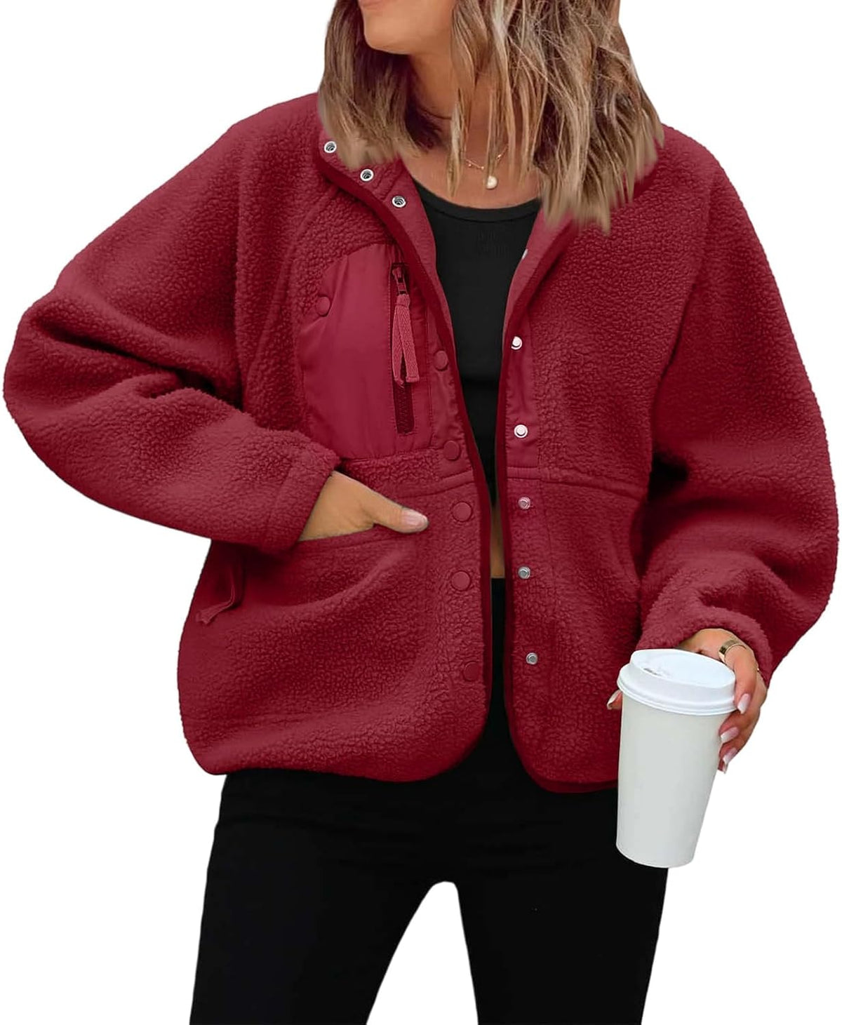 Générique Women's Fleece Jacket Thick Winter Coat Teddy Buttons Chic Warm Sherpa Jacket with Pockets Lapel Collar Long Sleeve Outwear Thick Anti-Cold Cozy — 6