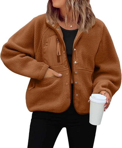 Générique Women's Fleece Jacket Thick Winter Coat Teddy Buttons Chic Warm Sherpa Jacket with Pockets Lapel Collar Long Sleeve Outwear Thick Anti-Cold Cozy — 11