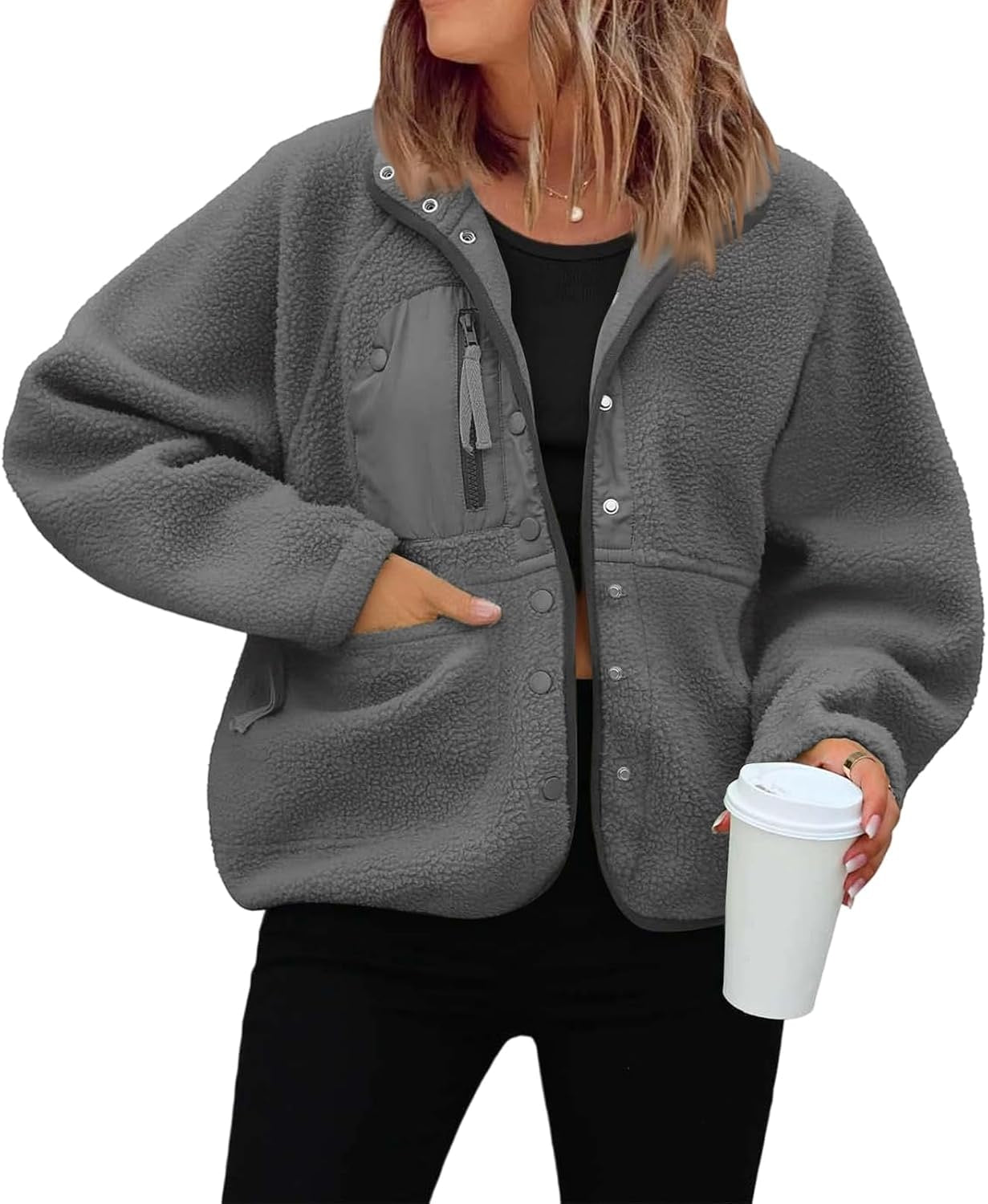 Générique Women's Fleece Jacket Thick Winter Coat Teddy Buttons Chic Warm Sherpa Jacket with Pockets Lapel Collar Long Sleeve Outwear Thick Anti-Cold Cozy — 18