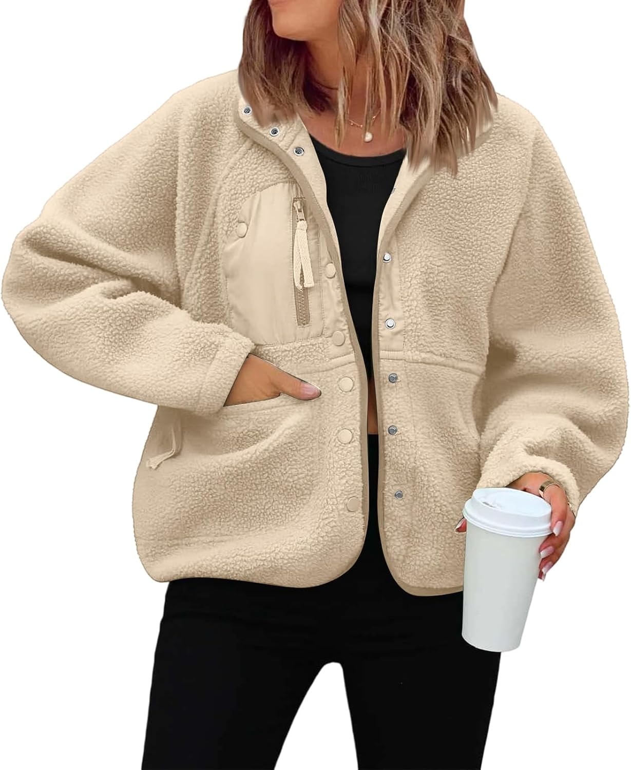 Générique Women's Fleece Jacket Thick Winter Coat Teddy Buttons Chic Warm Sherpa Jacket with Pockets Lapel Collar Long Sleeve Outwear Thick Anti-Cold Cozy — 14