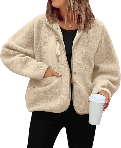 Générique Women's Fleece Jacket Thick Winter Coat Teddy Buttons Chic Warm Sherpa Jacket with Pockets Lapel Collar Long Sleeve Outwear Thick Anti-Cold Cozy — 14