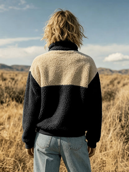YYTT Automne Hiver Nouvelle Mode Femme Décontractée Color-Block Demi-Boutonnée Peluche Polyvalente Sweat à Manches Courtes pour Trajet/Vacances/Fête/Nouvel An/Noël — 9