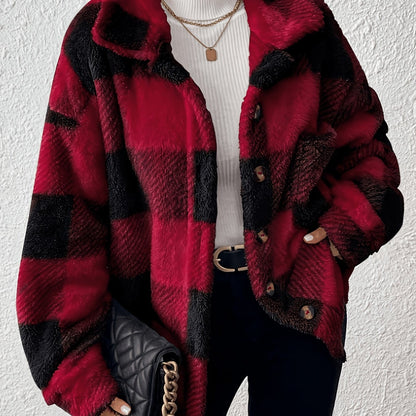 Veste élégante décontractée à carreaux en peluche avec boutons, idéale pour le quotidien en automne et en hiver — 19