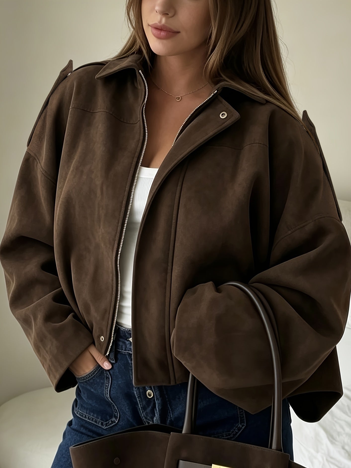 Manteau Femme Printemps Automne Nouveauté Mélange Couleur Unie Ambiant Manches Longues Mode Polyvalent Style Paresseux Veste — 5