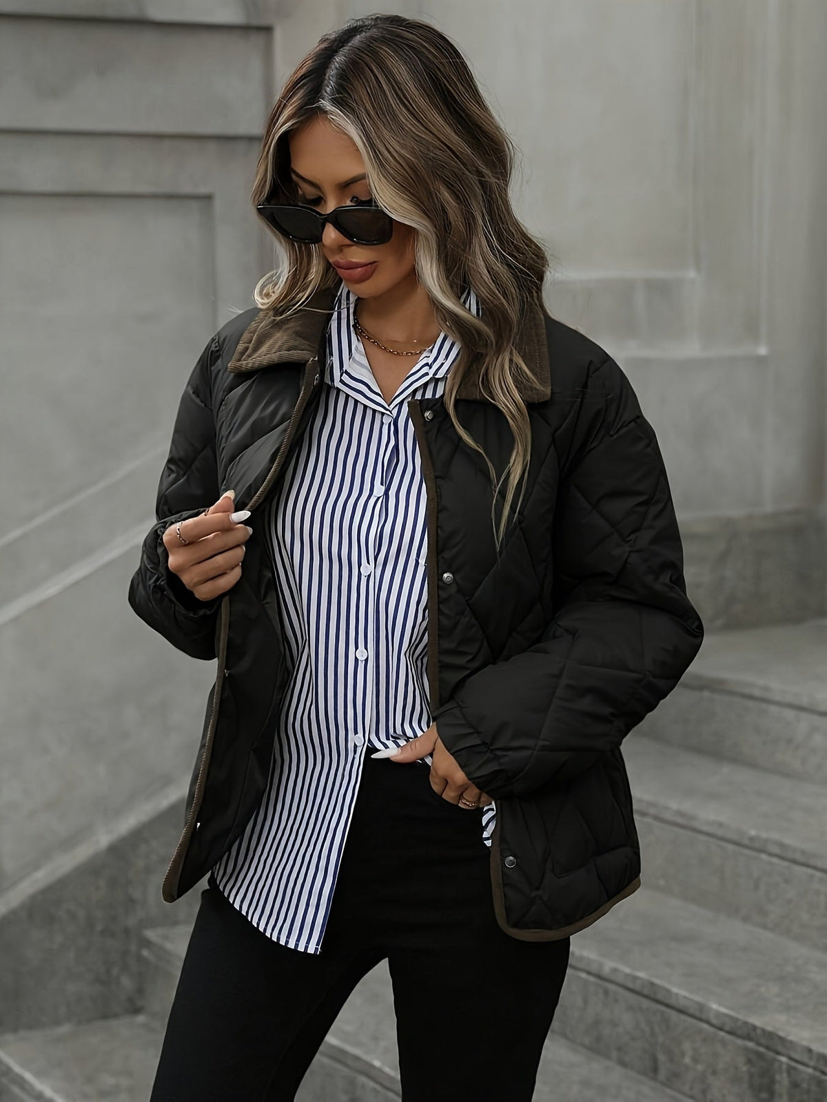 Haut tendance à motif losange pour femme, manteau court matelassé à un seul boutonnage et à col en patchwork pour femme, nouvelle arrivée hiver 2024, liant et ruban de liant, couleur contrastée, vêtement d'extérieur adapté aux petites tailles, manteau mat — 6
