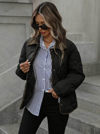 Haut tendance à motif losange pour femme, manteau court matelassé à un seul boutonnage et à col en patchwork pour femme, nouvelle arrivée hiver 2024, liant et ruban de liant, couleur contrastée, vêtement d'extérieur adapté aux petites tailles, manteau mat — 6
