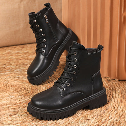 Bottines Courtes à Plateforme Unies pour Femmes, Bottines à Lacets et Fermeture Éclair Latérale, Bottines Confortables pour Femmes, Chaussures pour Femmes — 3
