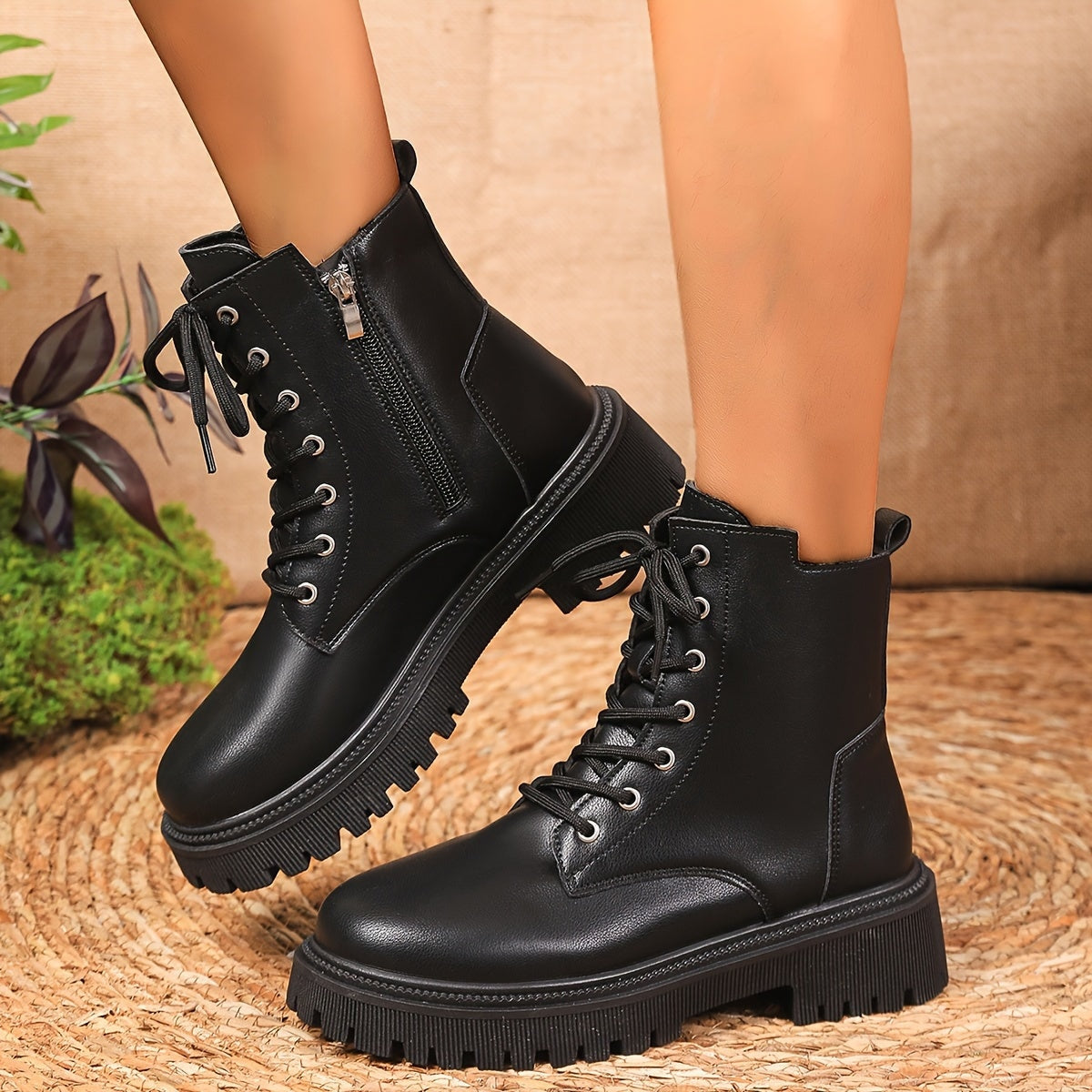 Bottines Courtes à Plateforme Unies pour Femmes, Bottines à Lacets et Fermeture Éclair Latérale, Bottines Confortables pour Femmes, Chaussures pour Femmes — 5