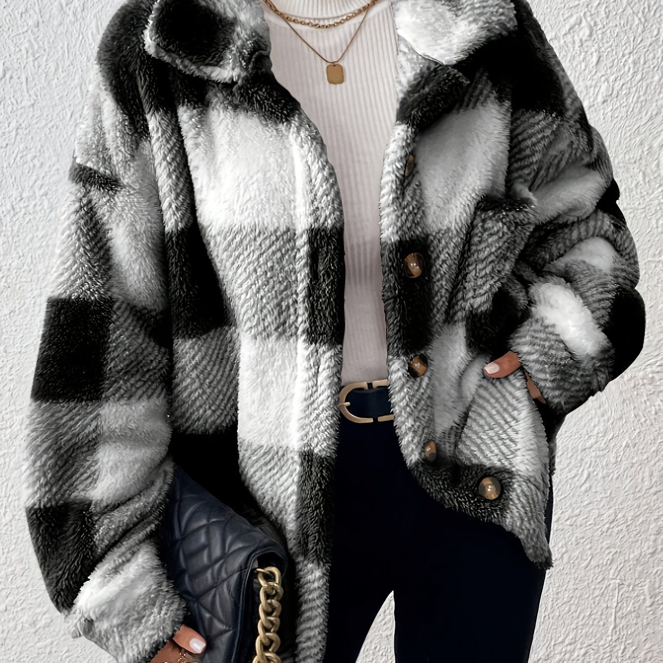 Veste élégante décontractée à carreaux en peluche avec boutons, idéale pour le quotidien en automne et en hiver — 14