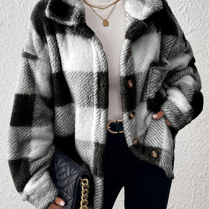 Veste élégante décontractée à carreaux en peluche avec boutons, idéale pour le quotidien en automne et en hiver — 14