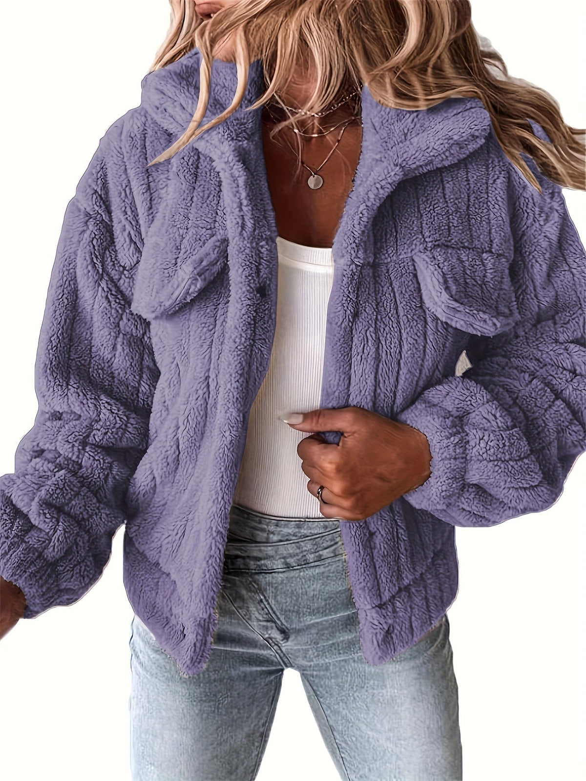 Veste décontractée à col retourné et manches longues en teddy pour femme — 7