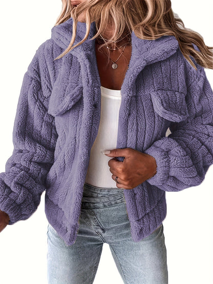 Veste décontractée à col retourné et manches longues en teddy pour femme — 7