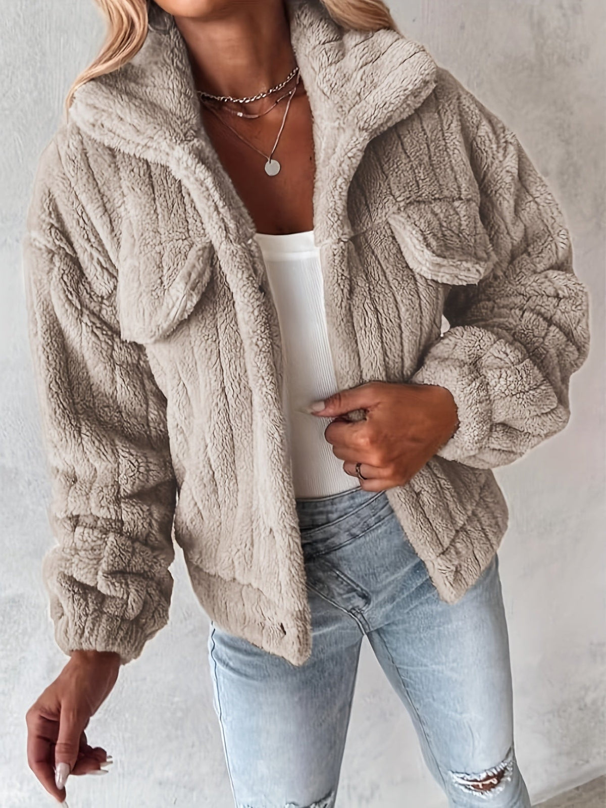 Veste décontractée à col retourné et manches longues en teddy pour femme — 9