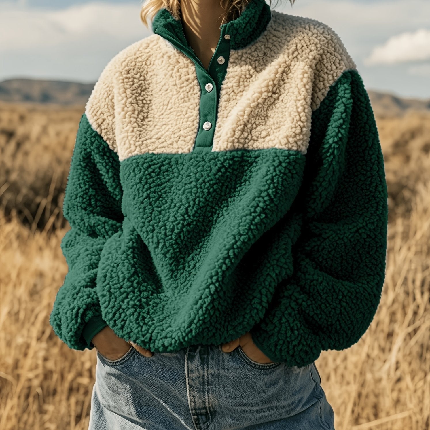 YYTT Automne Hiver Nouvelle Mode Femme Décontractée Color-Block Demi-Boutonnée Peluche Polyvalente Sweat à Manches Courtes pour Trajet/Vacances/Fête/Nouvel An/Noël — 15