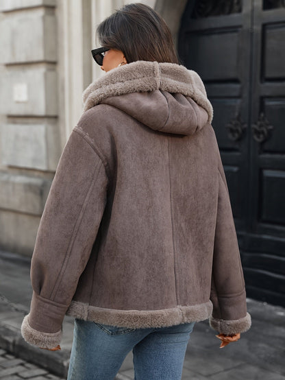 Veste d'automne-hiver pour femme, couleur café rétro, à capuche, en similicuir de velours et patchwork, avec poche à bouton, chaude et idéale pour les trajets quotidiens et les sorties. — 3