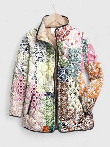 Myah | Veste Matelassée Zippée à Col Montant pour Femme - Patchwork Écru
