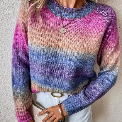 Pull à col rond dégradé, élégant pull à manches raglan pour l'automne et l'hiver, vêtements pour femmes — 5
