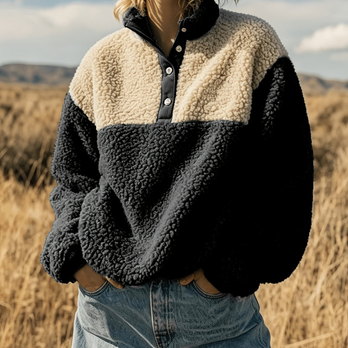 YYTT Automne Hiver Nouvelle Mode Femme Décontractée Color-Block Demi-Boutonnée Peluche Polyvalente Sweat à Manches Courtes pour Trajet/Vacances/Fête/Nouvel An/Noël — 14
