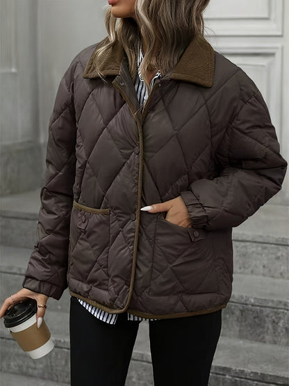 Haut tendance à motif losange pour femme, manteau court matelassé à un seul boutonnage et à col en patchwork pour femme, nouvelle arrivée hiver 2024, liant et ruban de liant, couleur contrastée, vêtement d'extérieur adapté aux petites tailles, manteau mat — 4