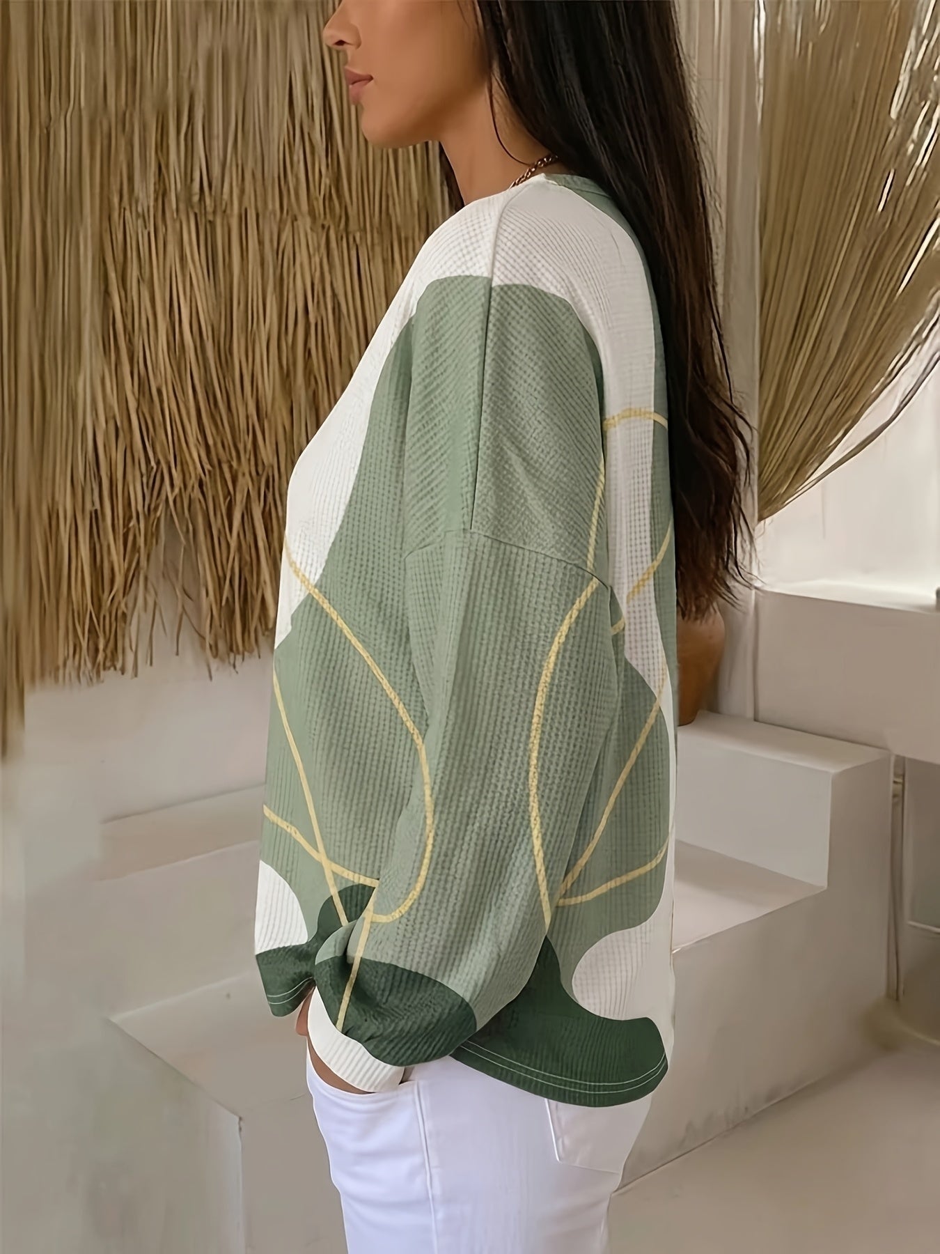 Sweat à manches longues pour femme, motif géométrique tendance style urbain, col rond, coupe régulière, haut décontracté pour tous les jours, style printemps automne hiver — 3