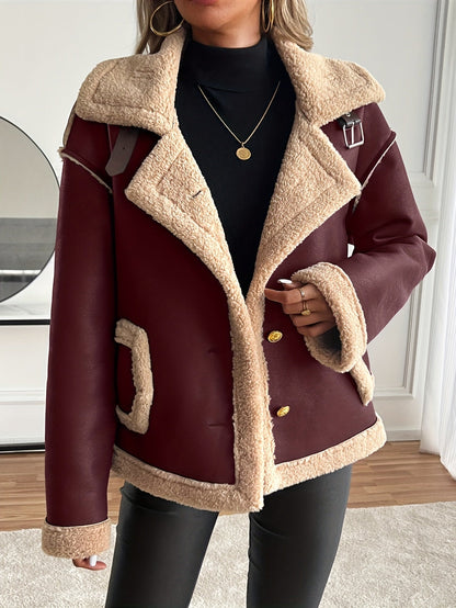 Veste de moto élégante pour femme avec doublure en fausse fourrure - Design bicolore marron et beige avec boutons dorés, poches et bretelles ajustables, parfaite pour l'automne/hiver, veste d'hiver | Tenue d'hiver élégante | Veste doublée en fausse fourru — 2
