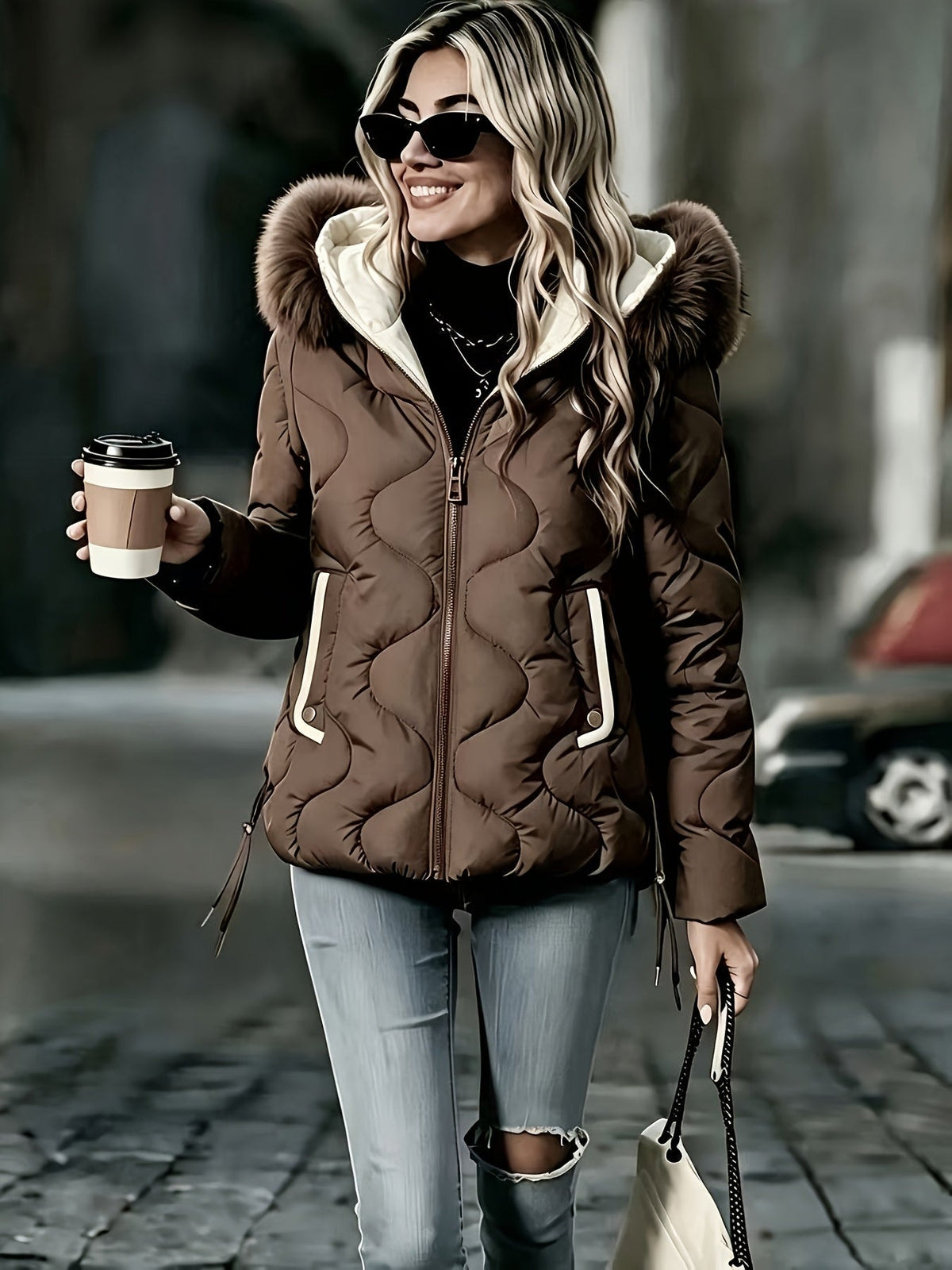Veste matelassée ondulée, nouveau style automne-hiver, manteau chaud à col surdimensionné, haut décontracté pour femmes avec poche color-block, col amovible et rembourrage isolant matelassé, facile pour l'hiver à -10°C, coupe-vent et rétention de chaleur, — 2