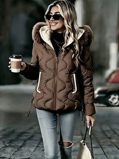 Veste matelassée ondulée, nouveau style automne-hiver, manteau chaud à col surdimensionné, haut décontracté pour femmes avec poche color-block, col amovible et rembourrage isolant matelassé, facile pour l'hiver à -10°C, coupe-vent et rétention de chaleur, — 2