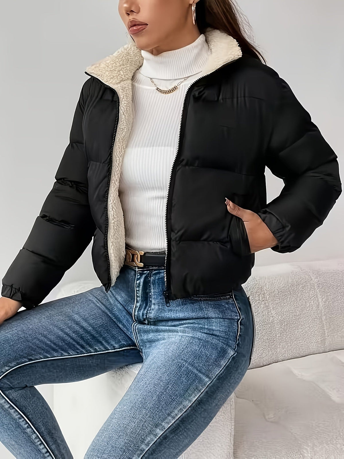 Veste d'automne-hiver pour femmes, nouvelle collection, col montant noir, courte, doublée en polaire, zippée, mode, coupe pain épaisse, idéale pour toutes les tenues — 5