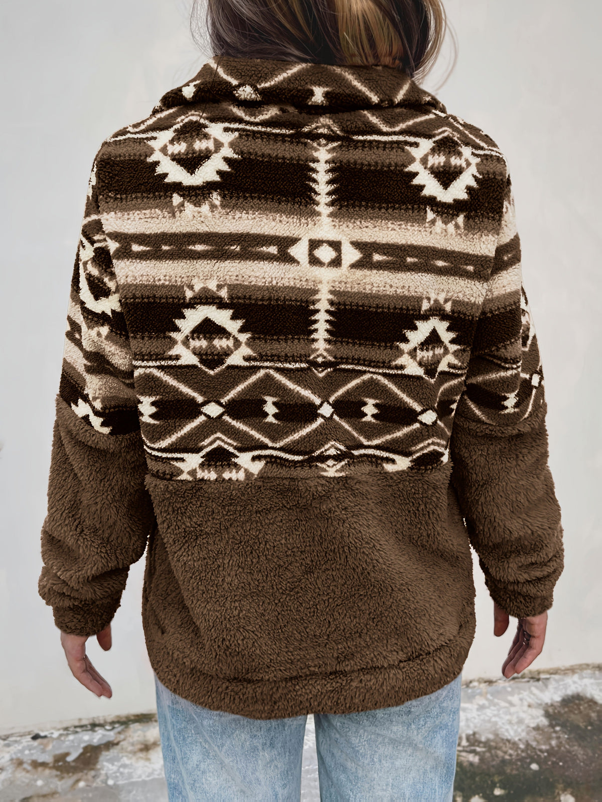 Sweat-shirt Teddy à demi-fermeture éclair à motif géométrique, sweat-shirt décontracté à manches longues pour l'automne et l'hiver, vêtements pour femmes — 4
