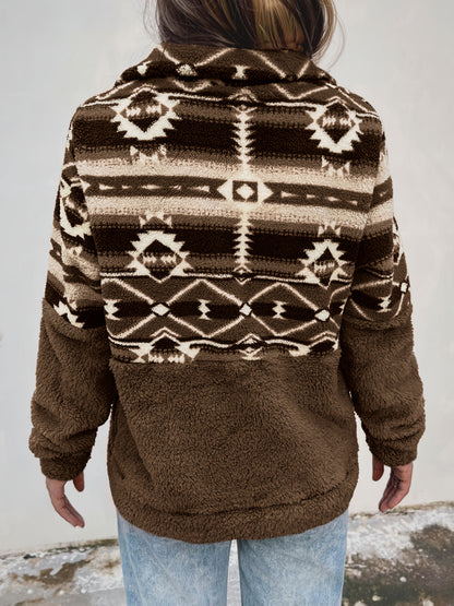 Sweat-shirt Teddy à demi-fermeture éclair à motif géométrique, sweat-shirt décontracté à manches longues pour l'automne et l'hiver, vêtements pour femmes — 4