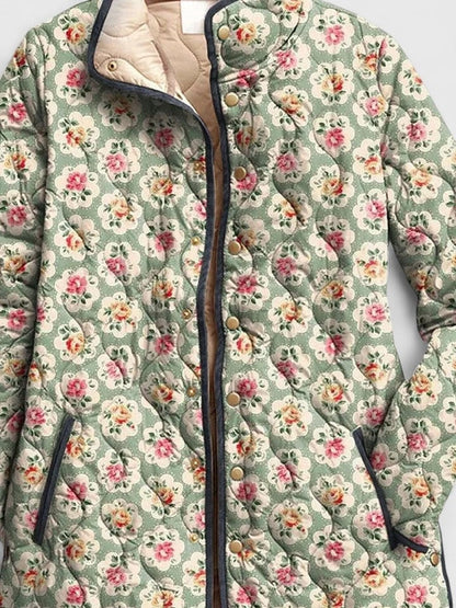 Myah | Veste Matelassée Zippée à Col Montant pour Femme - Vert Kaki Fleuri