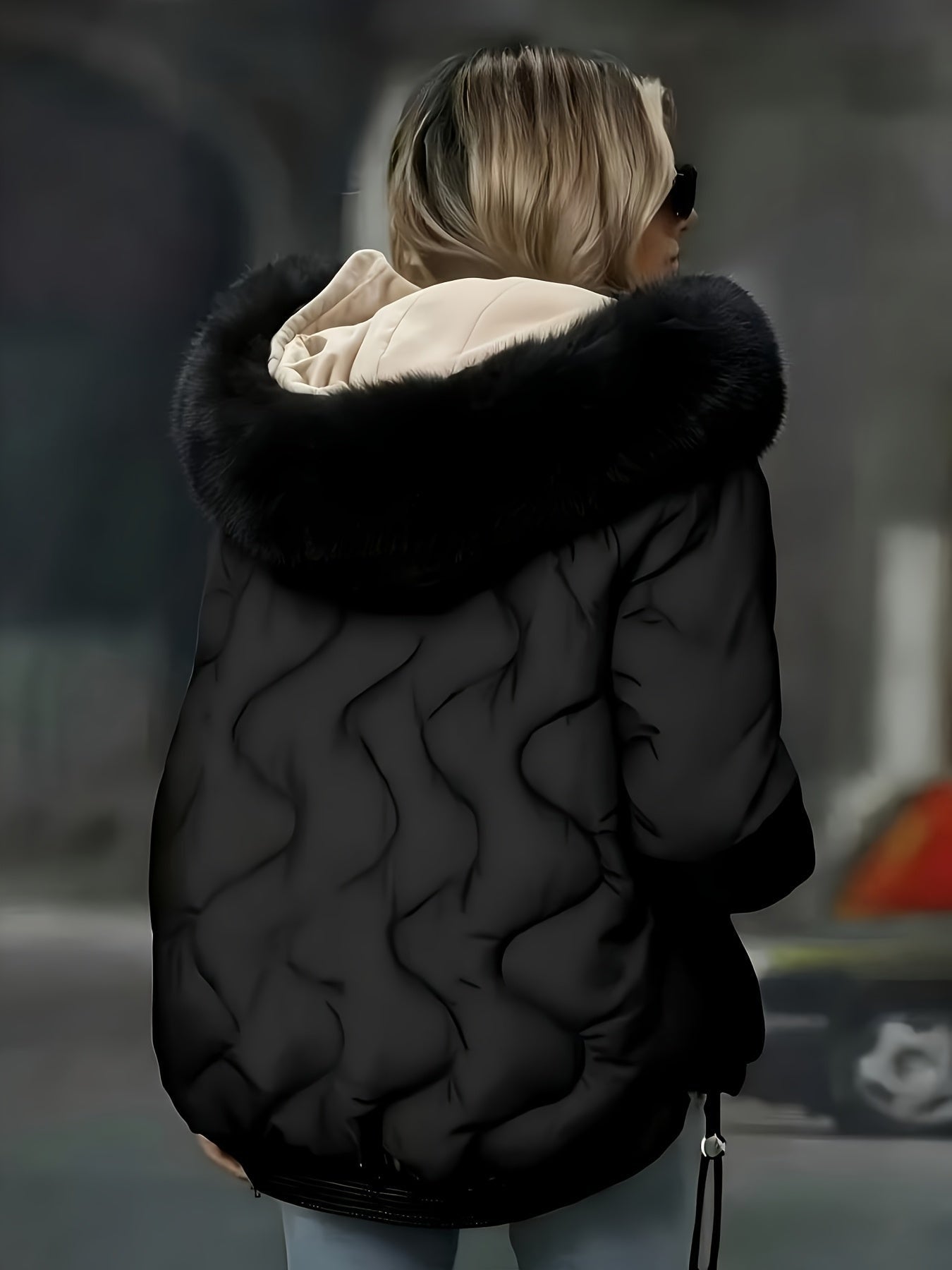 Veste matelassée ondulée, nouveau style automne-hiver, manteau chaud à col surdimensionné, haut décontracté pour femmes avec poche color-block, col amovible et rembourrage isolant matelassé, facile pour l'hiver à -10°C, coupe-vent et rétention de chaleur, — 4