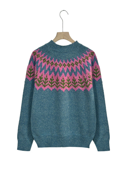 Pull à manches longues pour femme, à la mode, en jacquard à blocs de couleur — 3