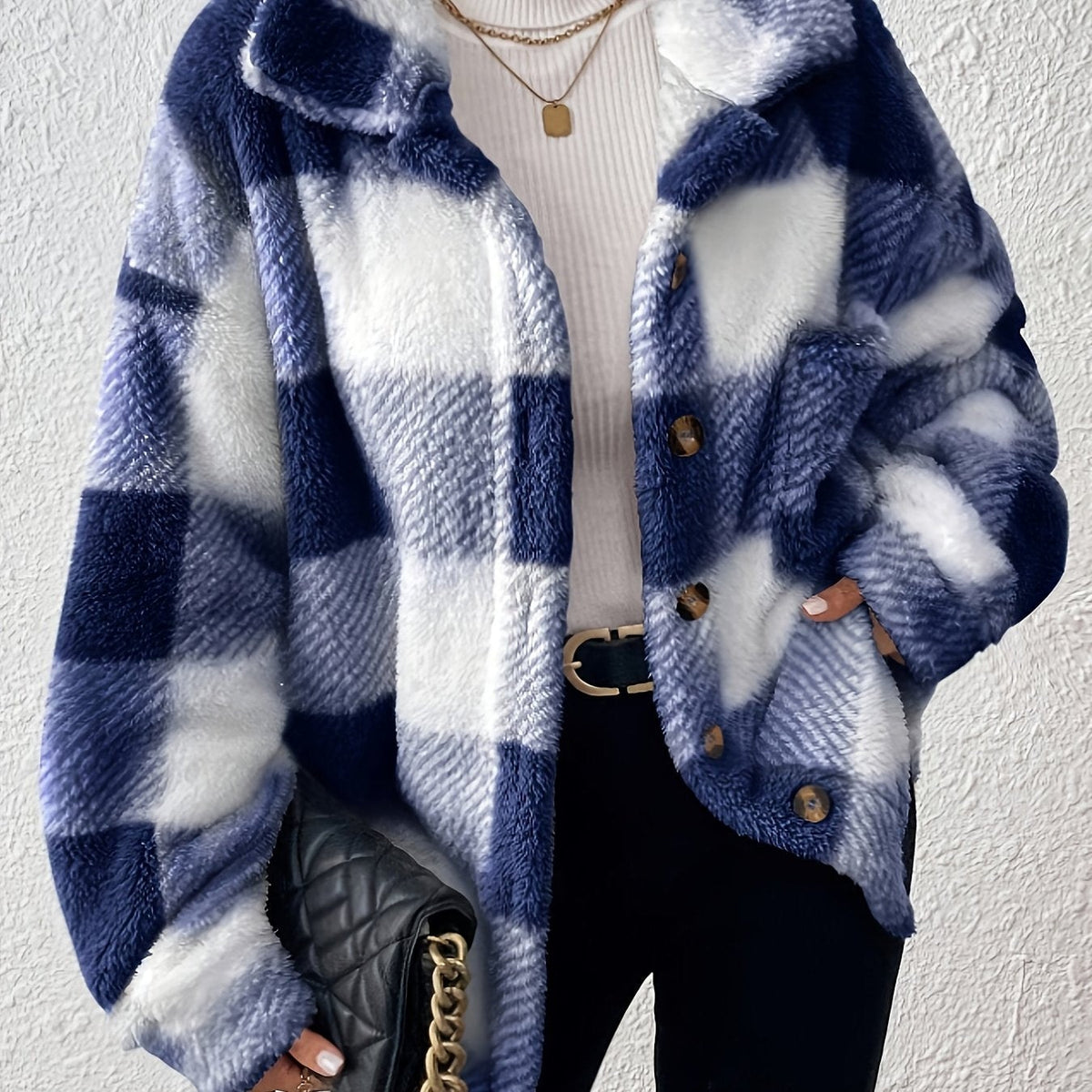 Veste élégante décontractée à carreaux en peluche avec boutons, idéale pour le quotidien en automne et en hiver — 18