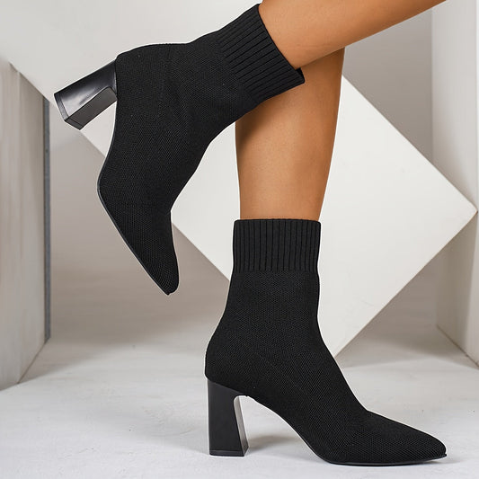 Chaussures élégantes pour femmes, chaussures de dame élégantes, bottes de cheville à talon épais à bout pointu pour femmes, bottes nues, tissu de couleur unie tout-à-fait, confortables, tenue de trajet quotidien, vêtements de fête de festival de musique, — 1
