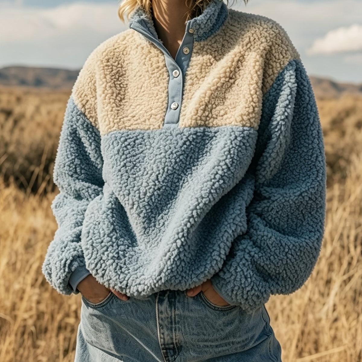 YYTT Automne Hiver Nouvelle Mode Femme Décontractée Color-Block Demi-Boutonnée Peluche Polyvalente Sweat à Manches Courtes pour Trajet/Vacances/Fête/Nouvel An/Noël — 13