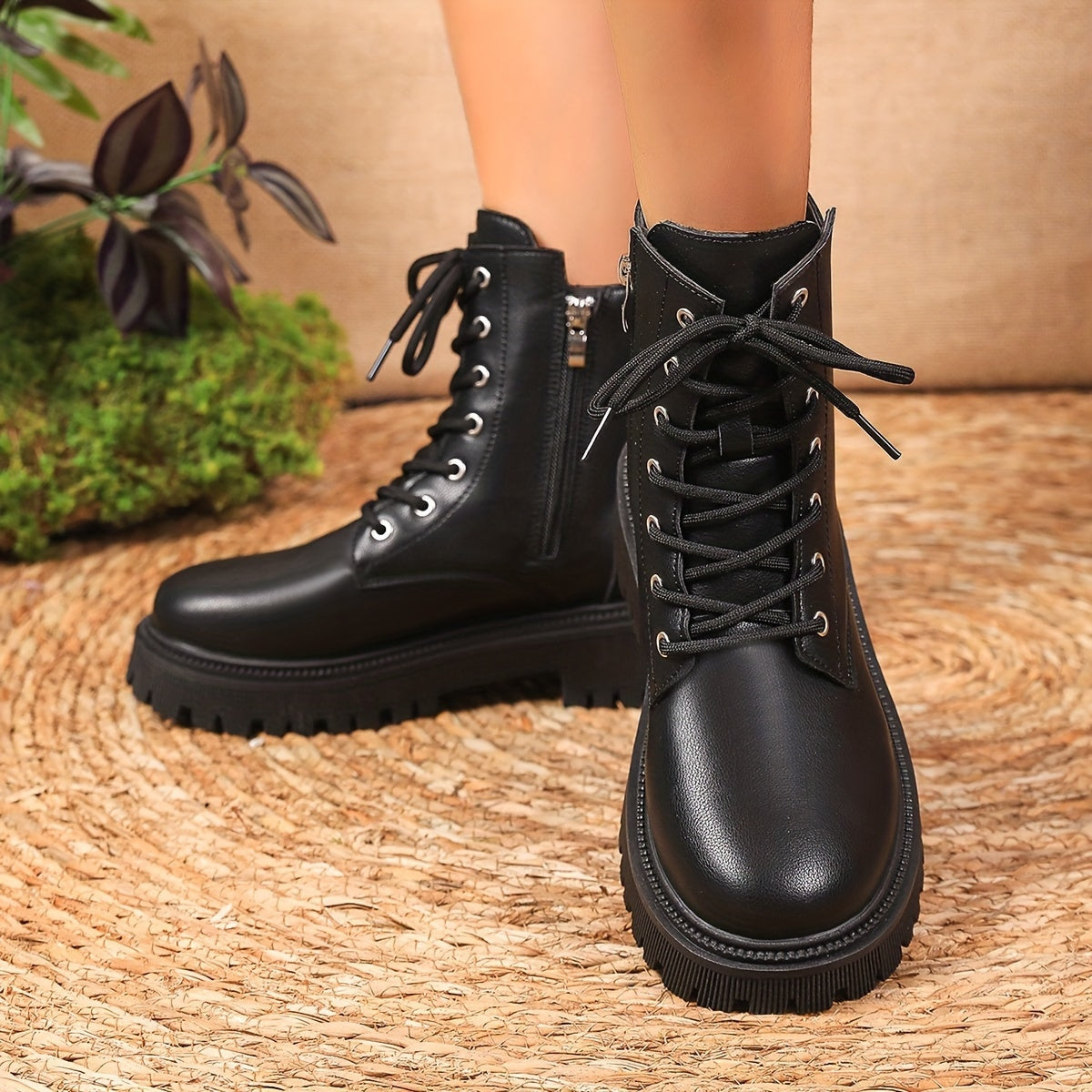 Bottines Courtes à Plateforme Unies pour Femmes, Bottines à Lacets et Fermeture Éclair Latérale, Bottines Confortables pour Femmes, Chaussures pour Femmes — 9