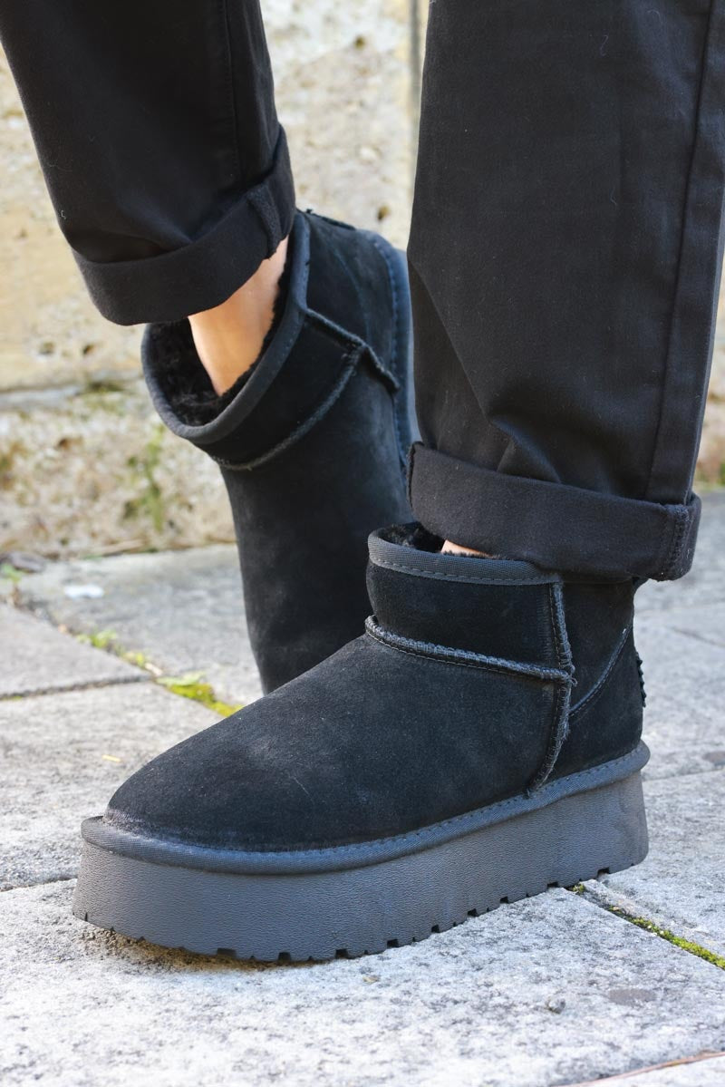 Bottes noires basses en cuir fourrées à plateforme — 7