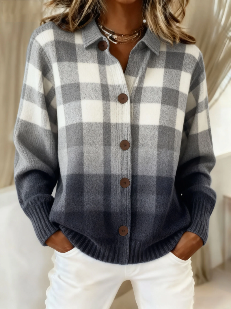 Margaux | Chemise en Maille Boutonnée à Manches Longues pour Femme - Carreaux Gris et Blanc