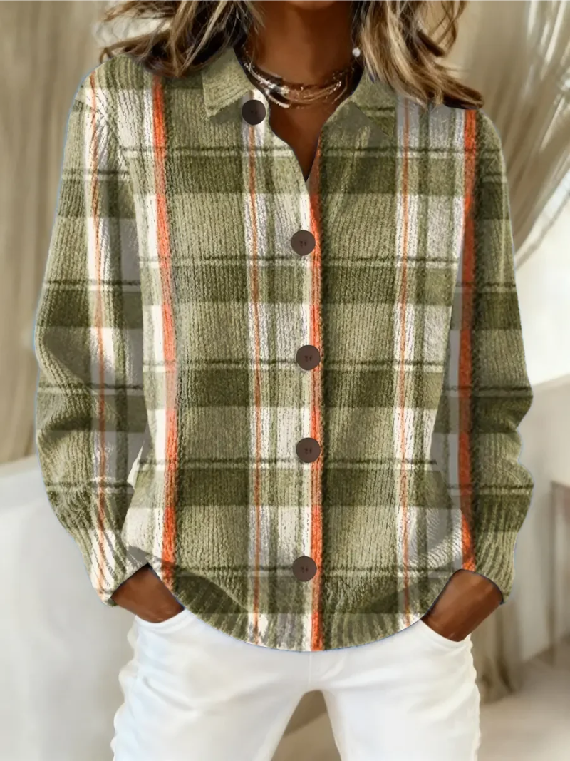 Margaux | Chemise en Maille Boutonnée à Manches Longues pour Femme - Vert Olive à Rayures