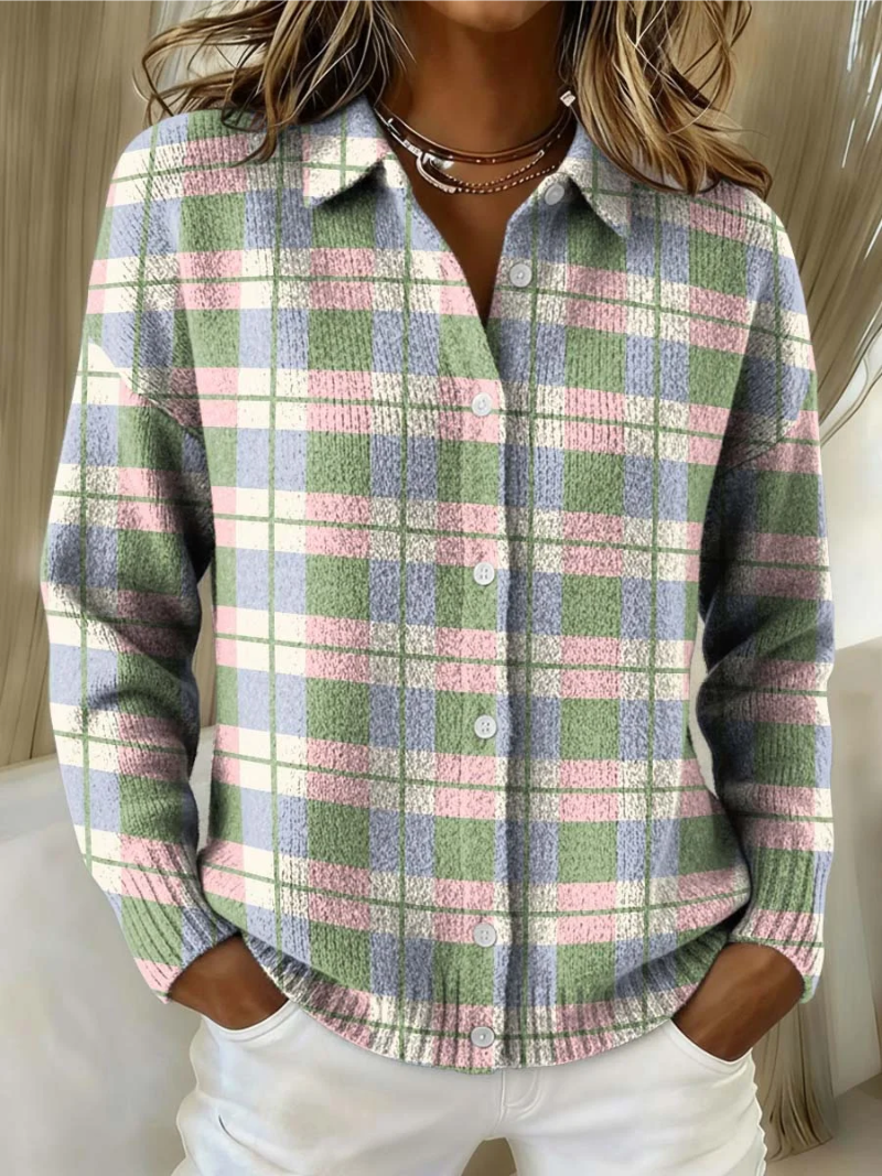 Margaux | Chemise en Maille Boutonnée à Manches Longues pour Femme - Carreaux Pastel
